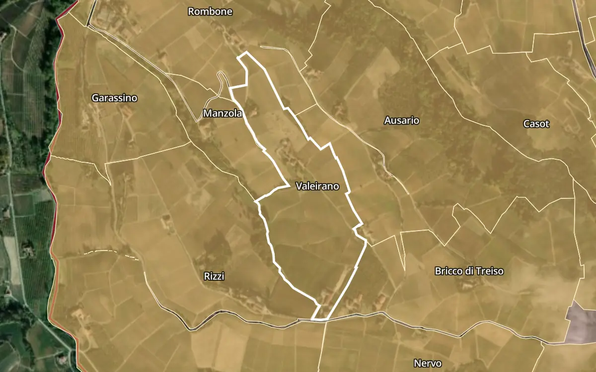 Map of Valeirano inside the Barbaresco DOCG production zone, on satellite imagery