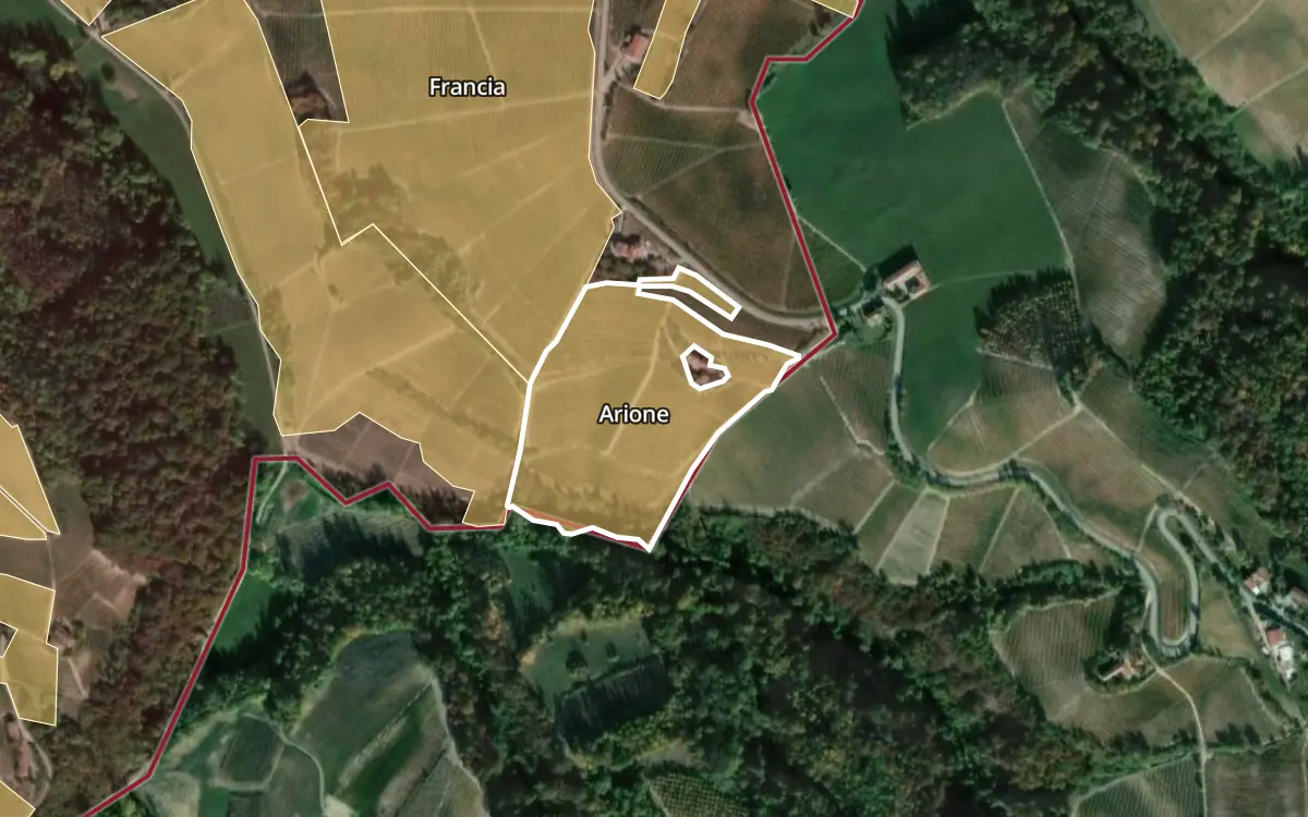 Map of Arione inside the Barolo DOCG production zone, on satellite imagery