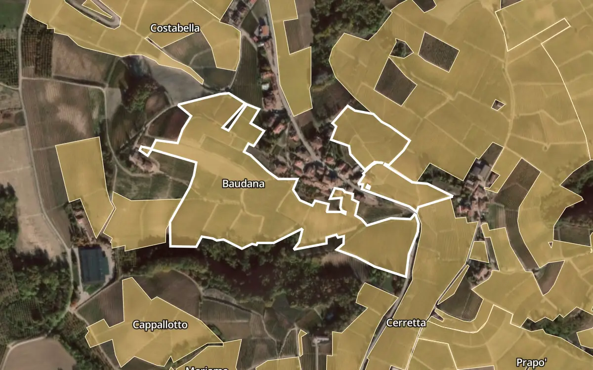 Map of Baudana inside the Barolo DOCG production zone, on satellite imagery