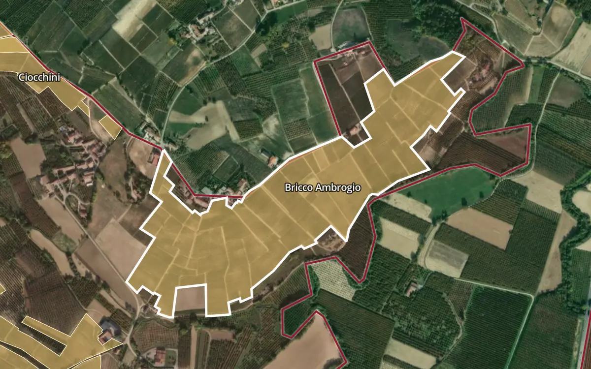 Map of Bricco Ambrogio inside the Barolo DOCG production zone, on satellite imagery
