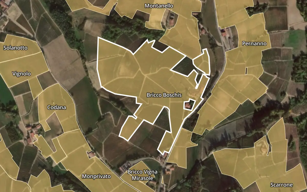Map of Bricco Boschis inside the Barolo DOCG production zone, on satellite imagery