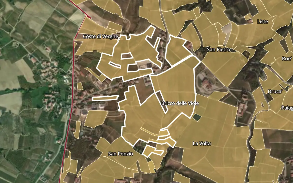 Map of Bricco delle Viole inside the Barolo DOCG production zone, on satellite imagery