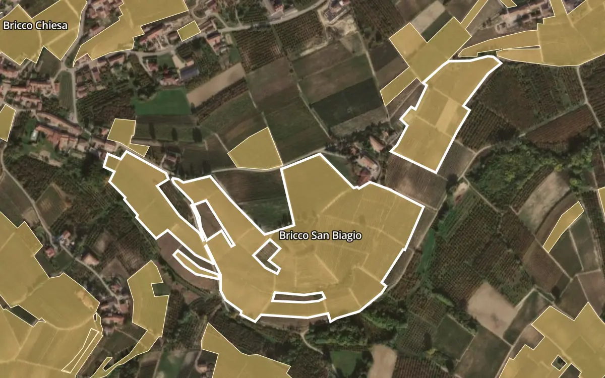 Map of Bricco San Biagio inside the Barolo DOCG production zone, on satellite imagery