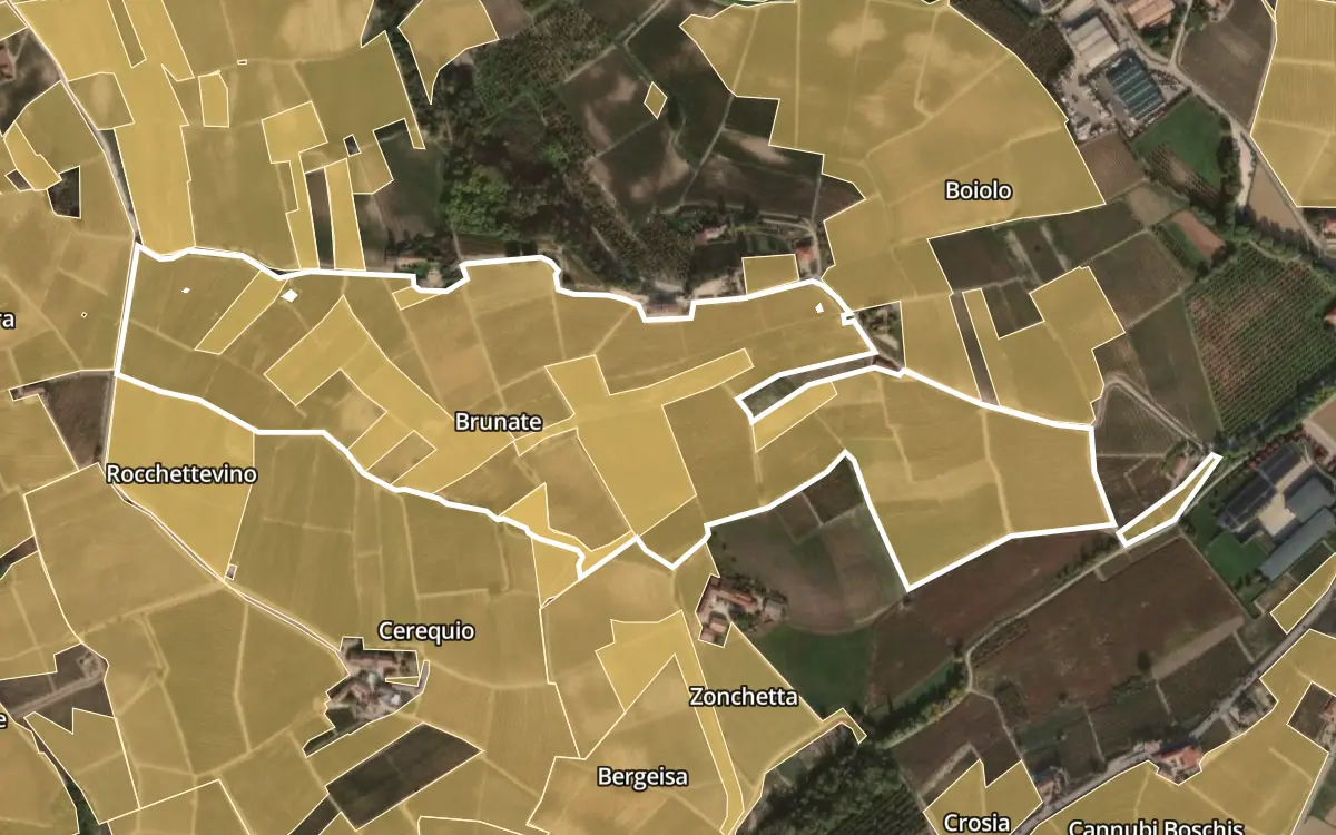 Map of Brunate inside the Barolo DOCG production zone, on satellite imagery