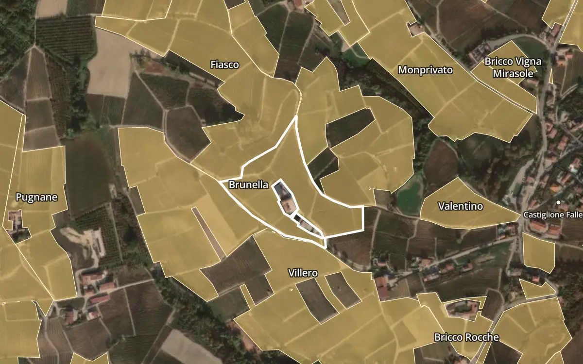 Map of Brunella inside the Barolo DOCG production zone, on satellite imagery