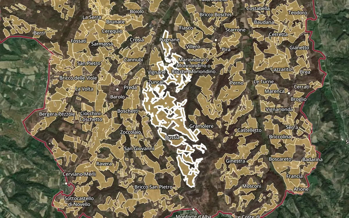 Map of Bussia inside the Barolo DOCG production zone, on satellite imagery