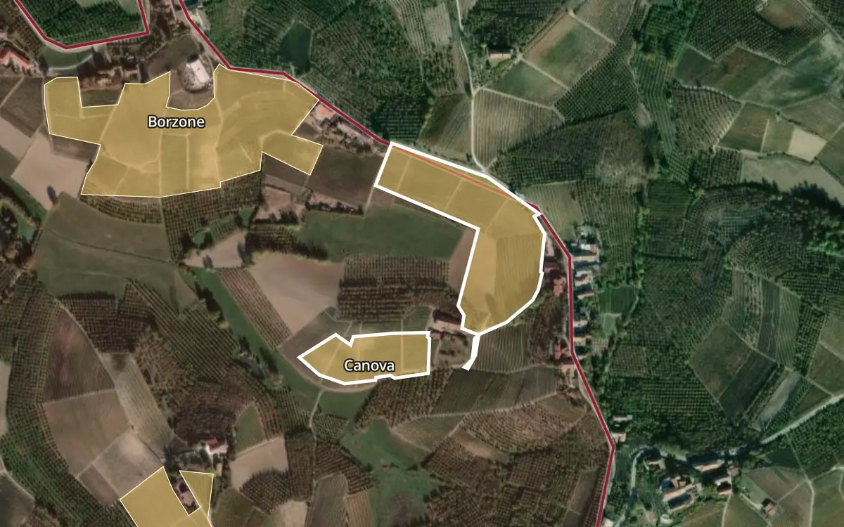 Map of Canova inside the Barolo DOCG production zone, on satellite imagery