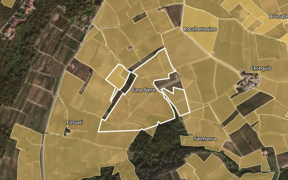 Map of Case Nere inside the Barolo DOCG production zone, on satellite imagery