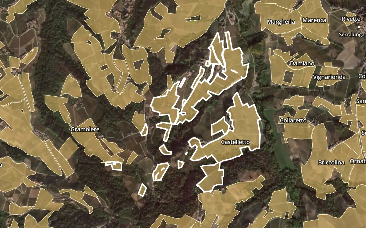 Map of Castelletto inside the Barolo DOCG production zone, on satellite imagery