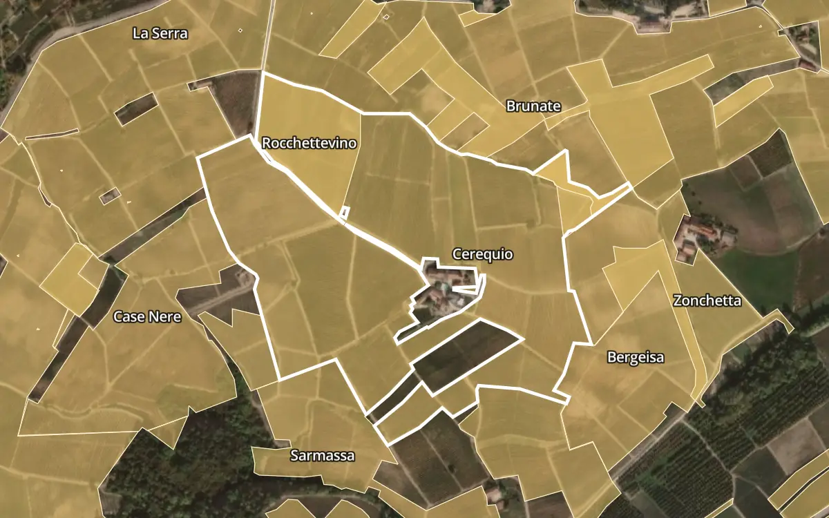 Map of Cerequio inside the Barolo DOCG production zone, on satellite imagery