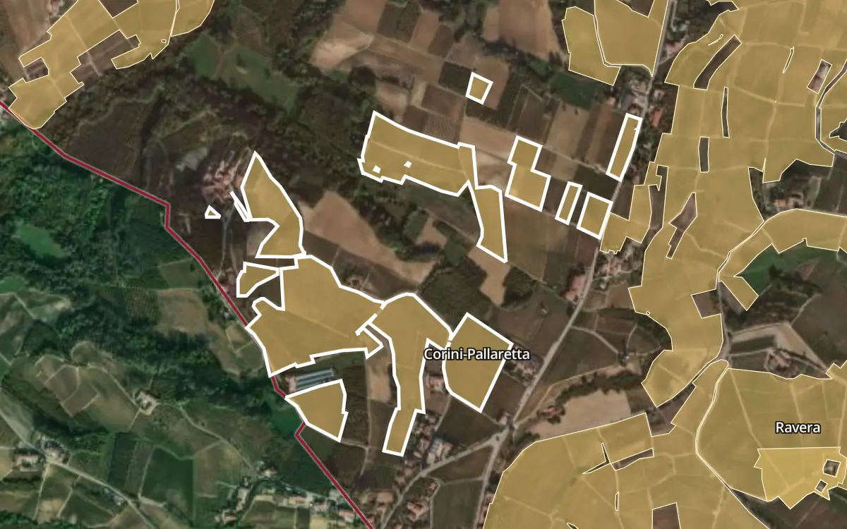 Map of Corini-Pallaretta inside the Barolo DOCG production zone, on satellite imagery