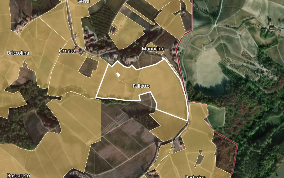Map of Falletto inside the Barolo DOCG production zone, on satellite imagery