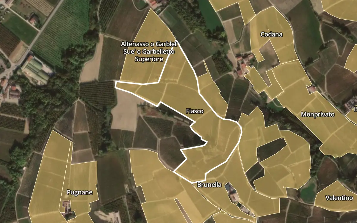 Map of Fiasco inside the Barolo DOCG production zone, on satellite imagery