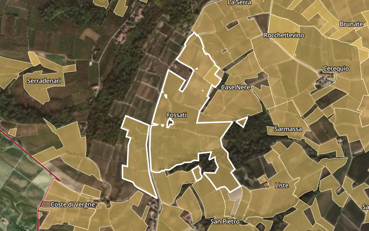 Map of Fossati inside the Barolo DOCG production zone, on satellite imagery