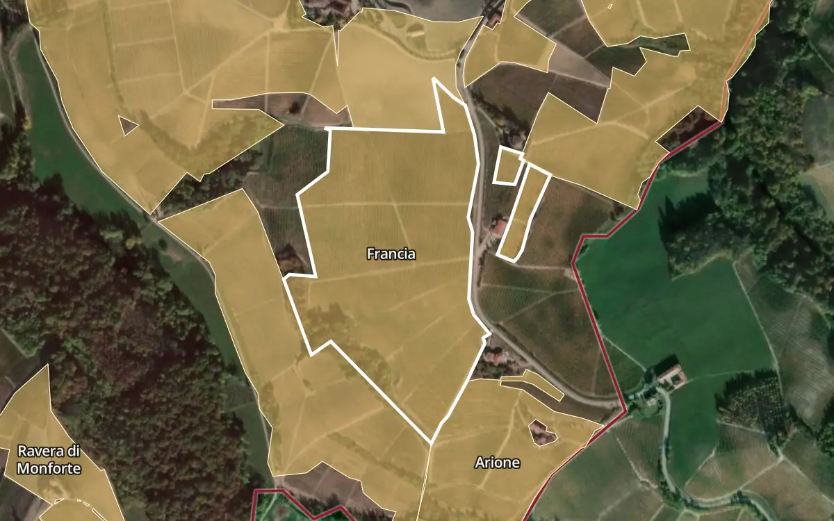 Map of Francia inside the Barolo DOCG production zone, on satellite imagery