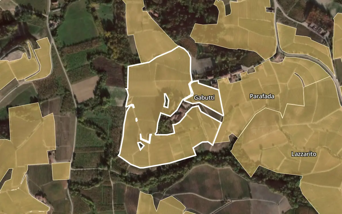 Map of Gabutti inside the Barolo DOCG production zone, on satellite imagery