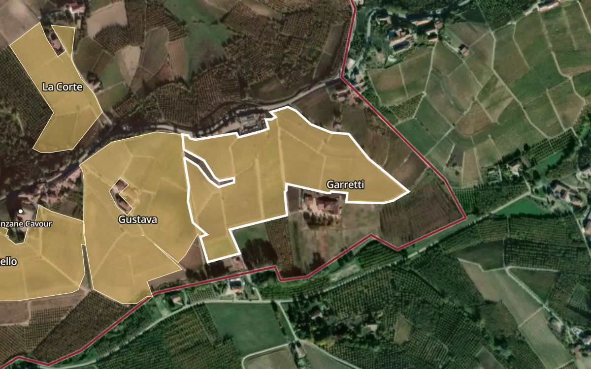 Map of Garretti inside the Barolo DOCG production zone, on satellite imagery
