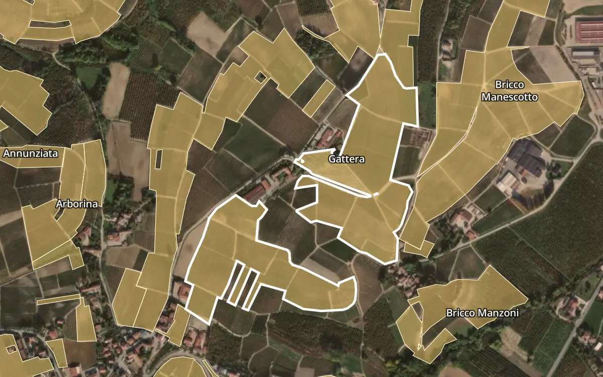 Map of Gattera inside the Barolo DOCG production zone, on satellite imagery