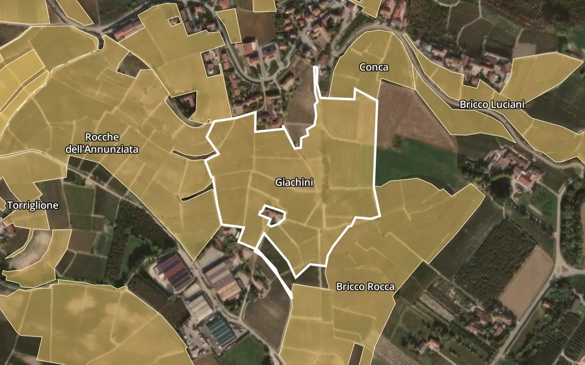 Map of Giachini inside the Barolo DOCG production zone, on satellite imagery
