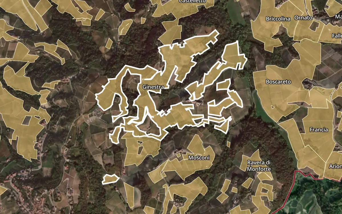 Map of Ginestra inside the Barolo DOCG production zone, on satellite imagery