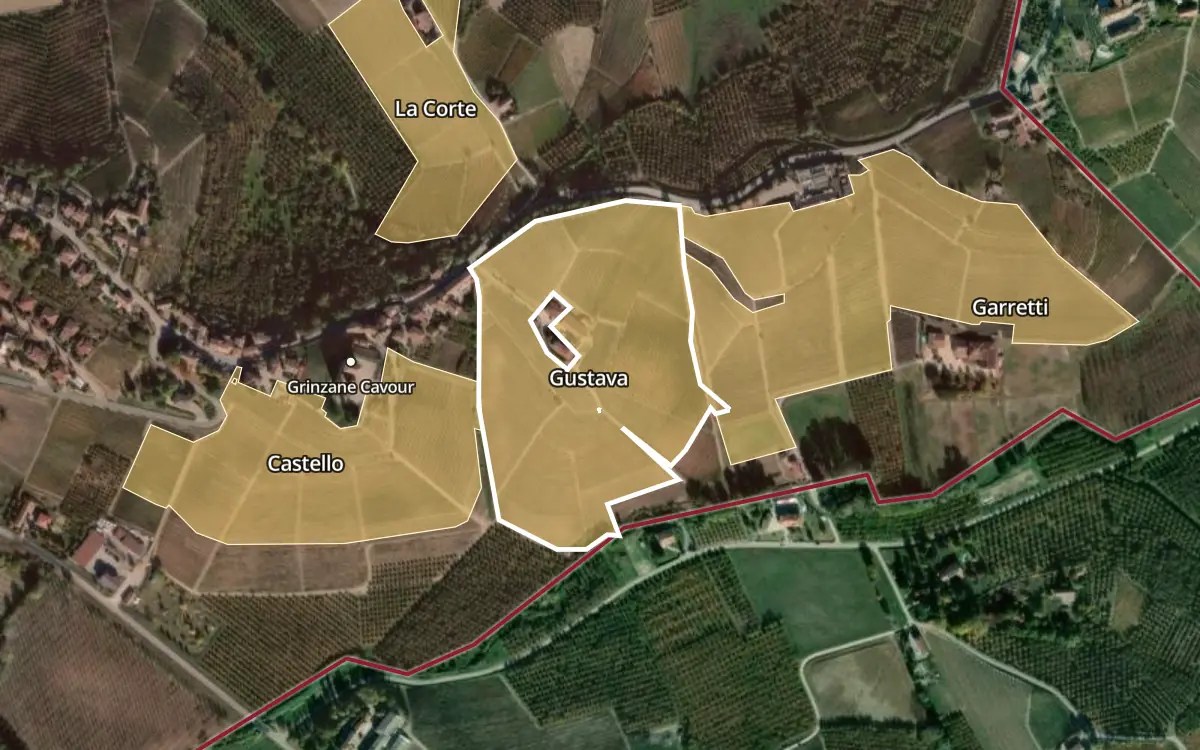 Map of Gustava inside the Barolo DOCG production zone, on satellite imagery