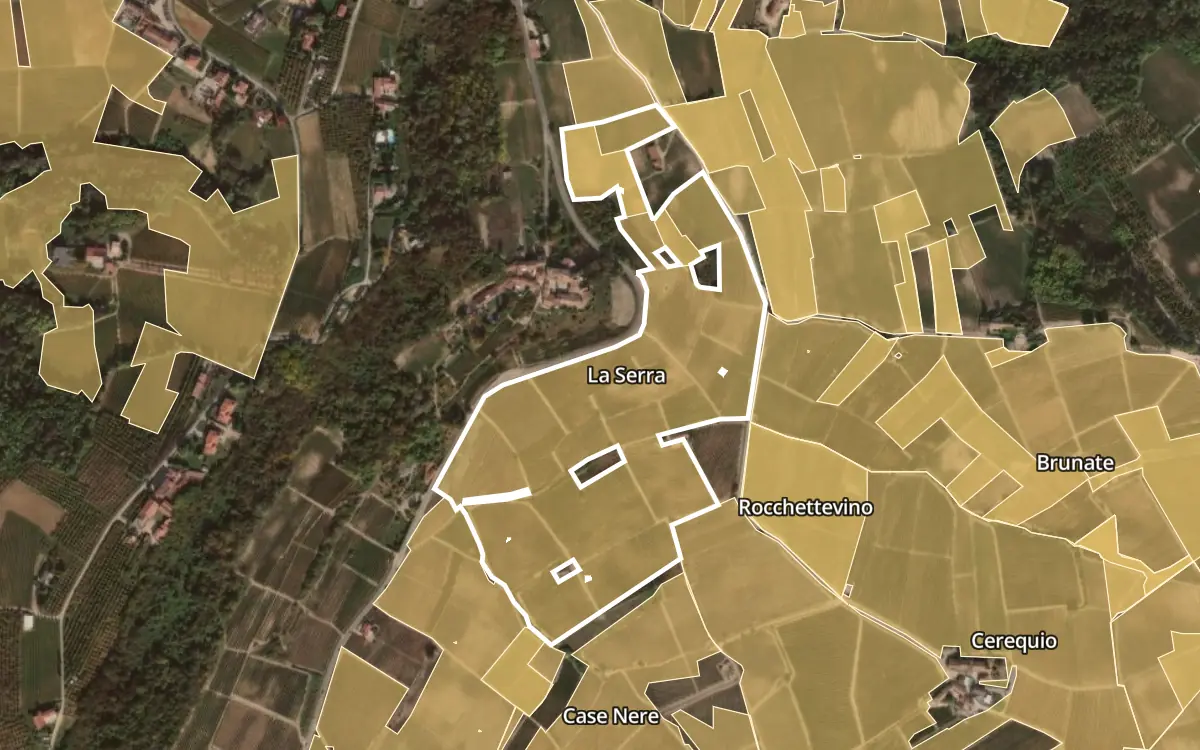 Map of La Serra inside the Barolo DOCG production zone, on satellite imagery