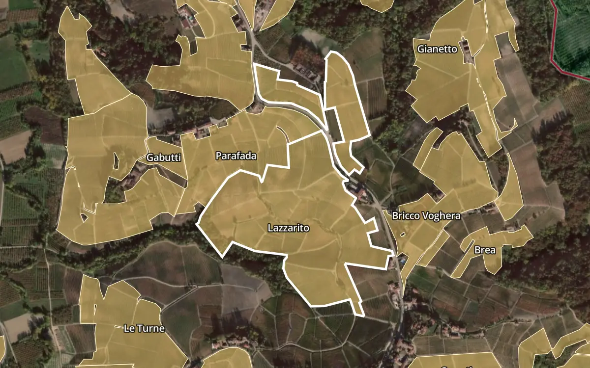 Map of Lazzarito inside the Barolo DOCG production zone, on satellite imagery