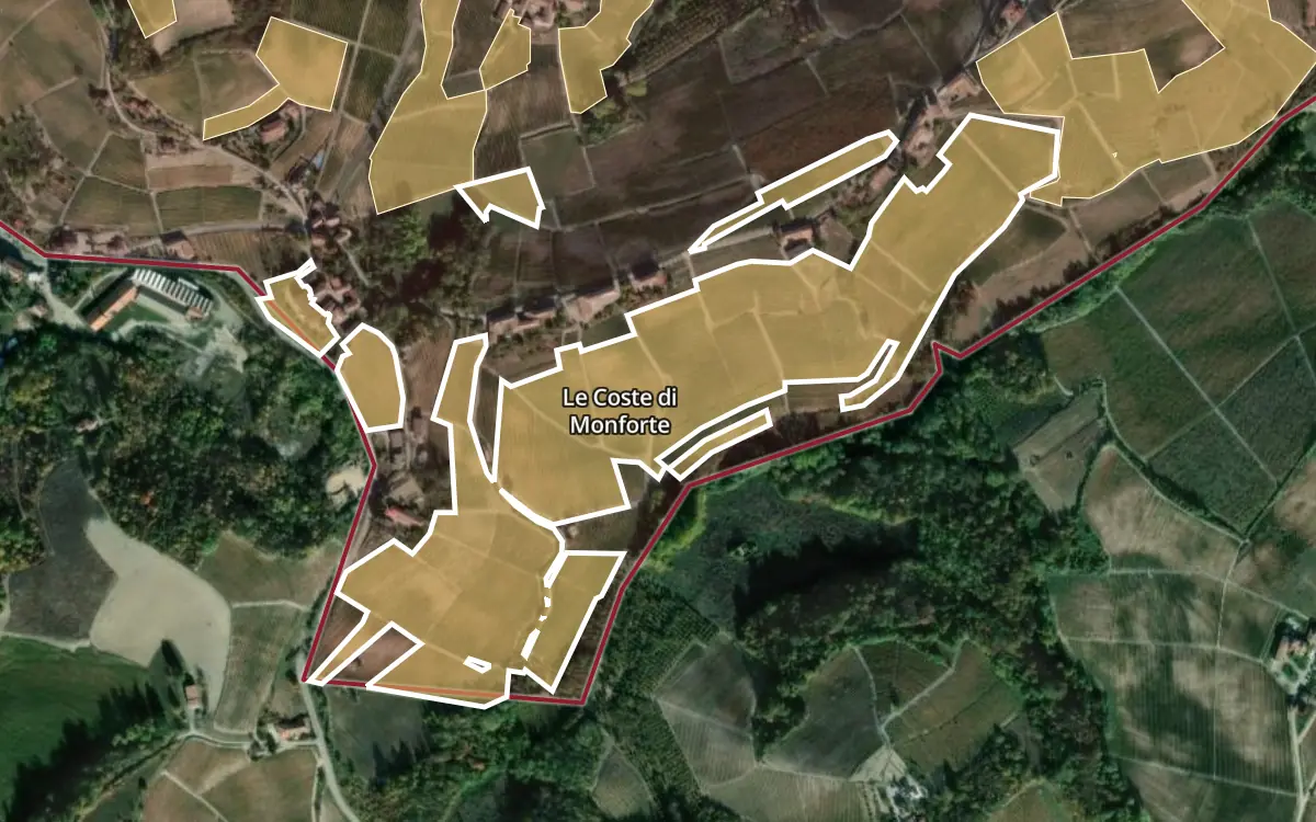 Map of Le Coste di Monforte inside the Barolo DOCG production zone, on satellite imagery