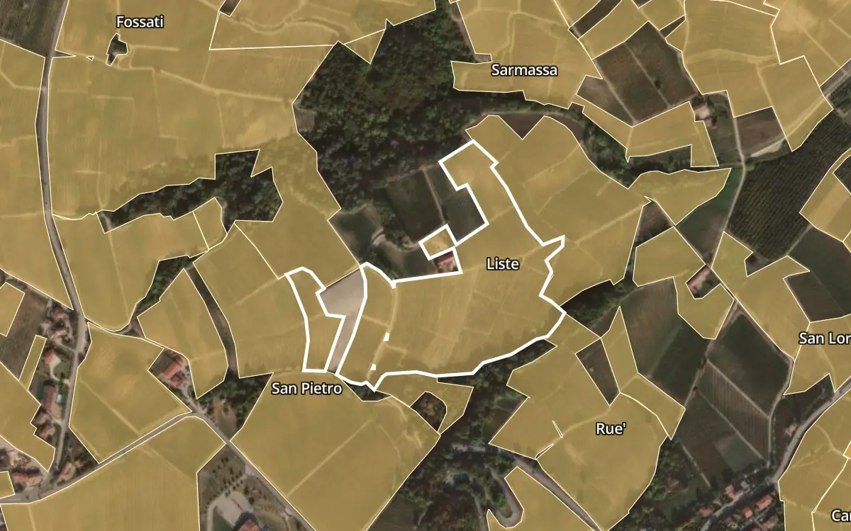 Map of Liste inside the Barolo DOCG production zone, on satellite imagery