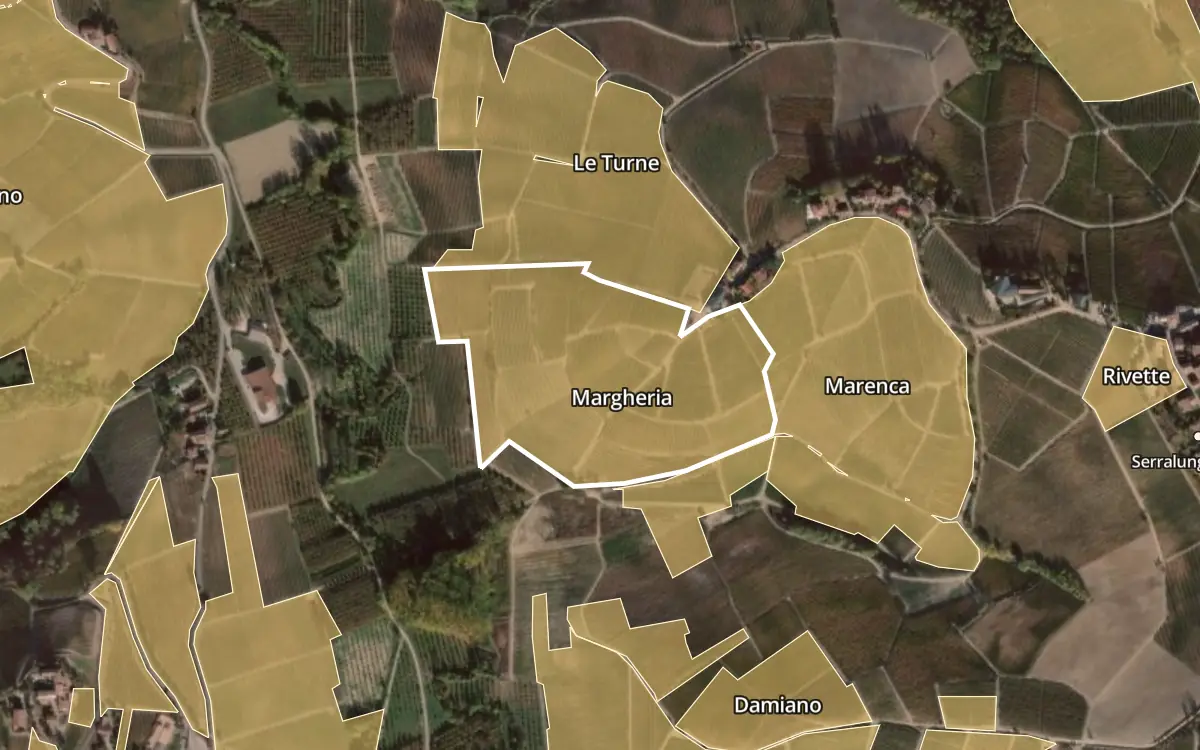 Map of Margheria inside the Barolo DOCG production zone, on satellite imagery