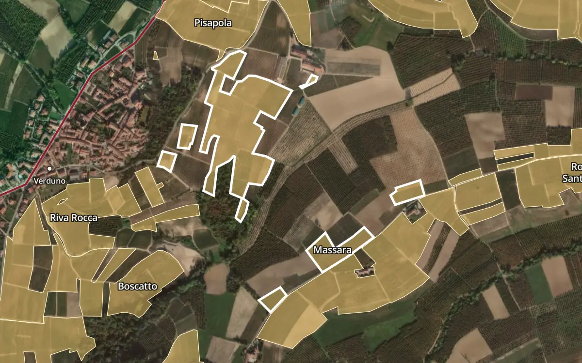 Map of Massara inside the Barolo DOCG production zone, on satellite imagery