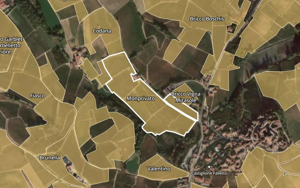 Map of Monprivato inside the Barolo DOCG production zone, on satellite imagery