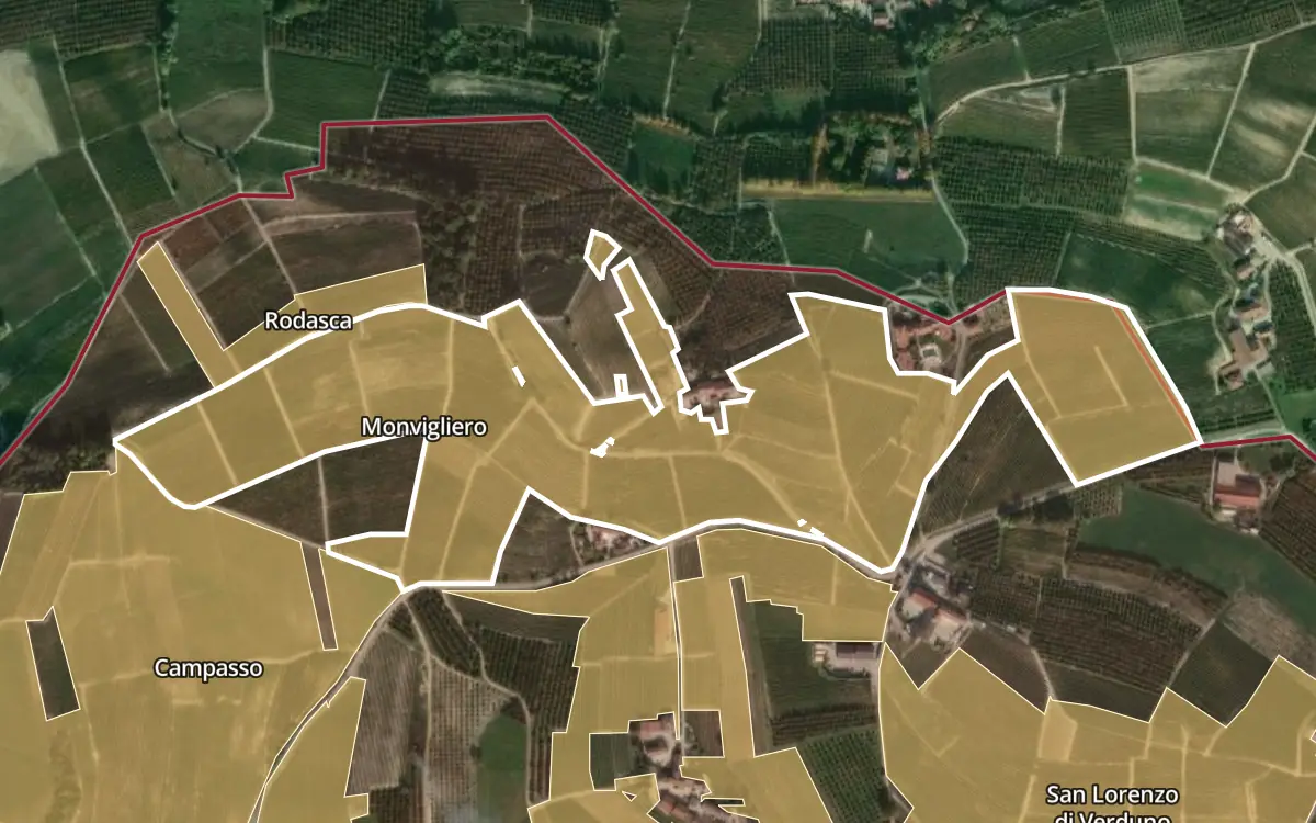Map of Monvigliero inside the Barolo DOCG production zone, on satellite imagery
