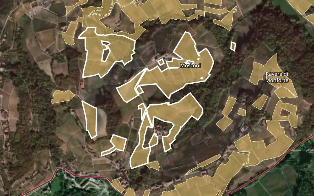 Map of Mosconi inside the Barolo DOCG production zone, on satellite imagery