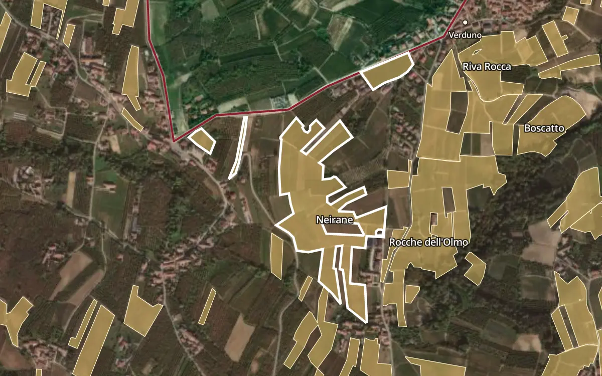 Map of Neirane inside the Barolo DOCG production zone, on satellite imagery