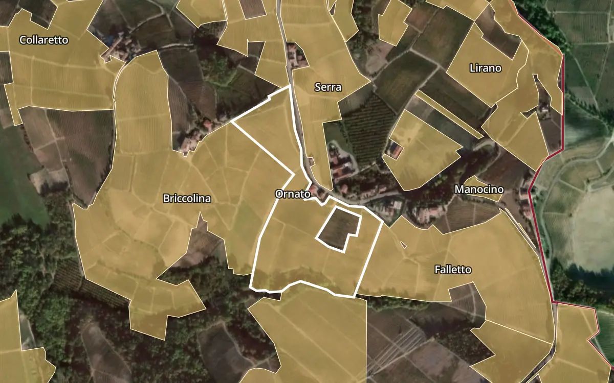 Map of Ornato inside the Barolo DOCG production zone, on satellite imagery