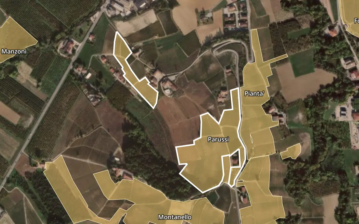 Map of Parussi inside the Barolo DOCG production zone, on satellite imagery