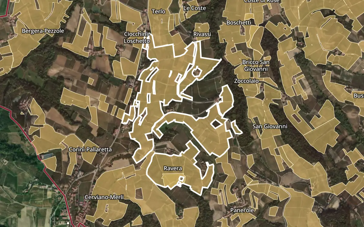 Map of Ravera inside the Barolo DOCG production zone, on satellite imagery