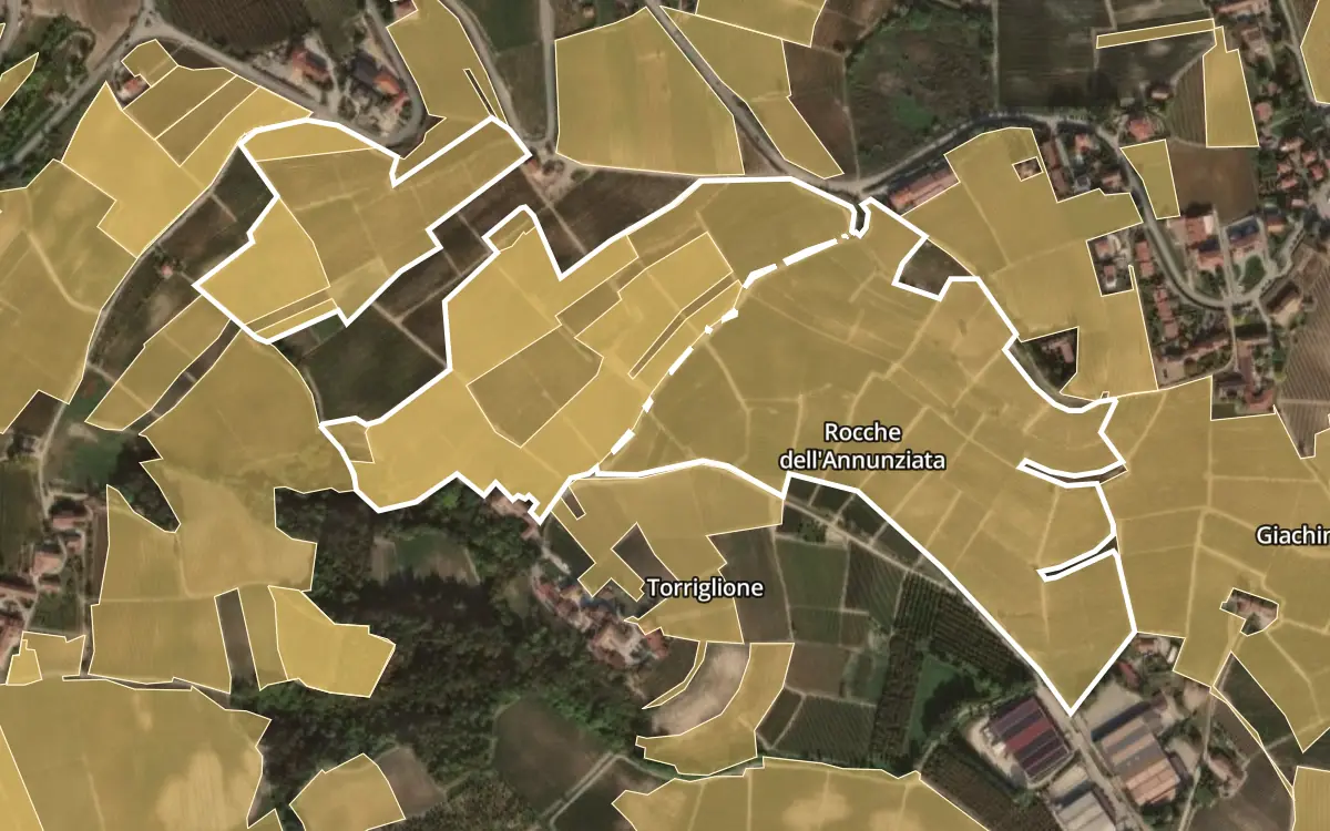 Map of Rocche dell'Annunziata inside the Barolo DOCG production zone, on satellite imagery