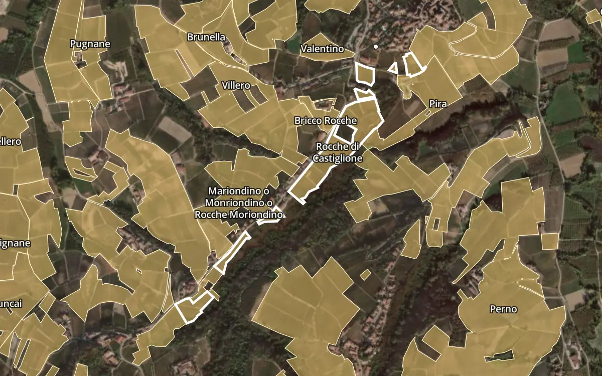 Map of Rocche di Castiglione inside the Barolo DOCG production zone, on satellite imagery
