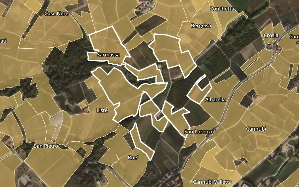 Map of Sarmassa inside the Barolo DOCG production zone, on satellite imagery