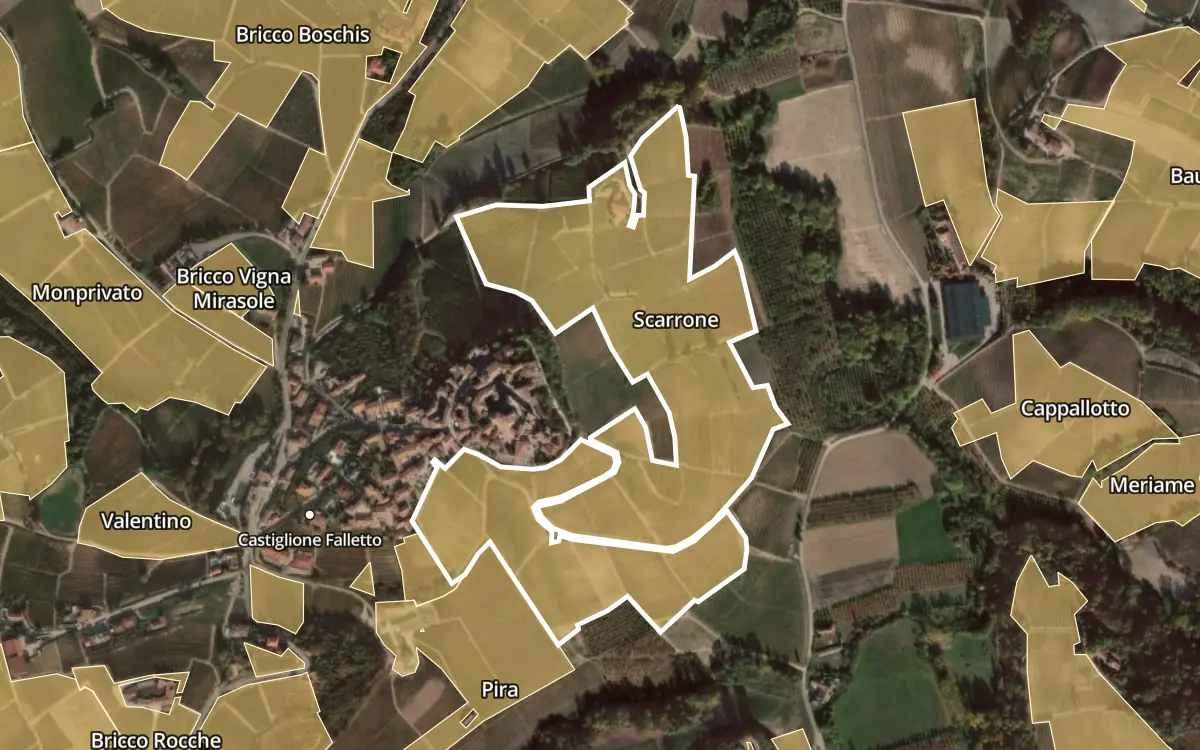 Map of Scarrone inside the Barolo DOCG production zone, on satellite imagery