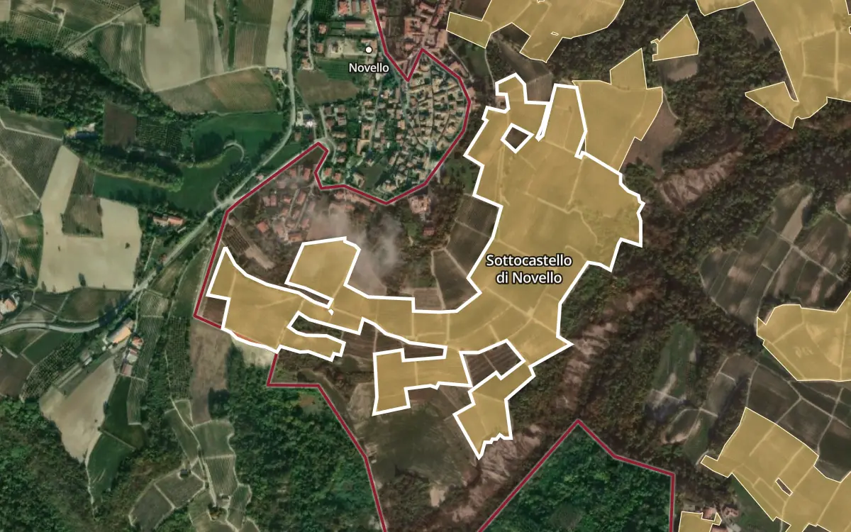 Map of Sottocastello di Novello inside the Barolo DOCG production zone, on satellite imagery