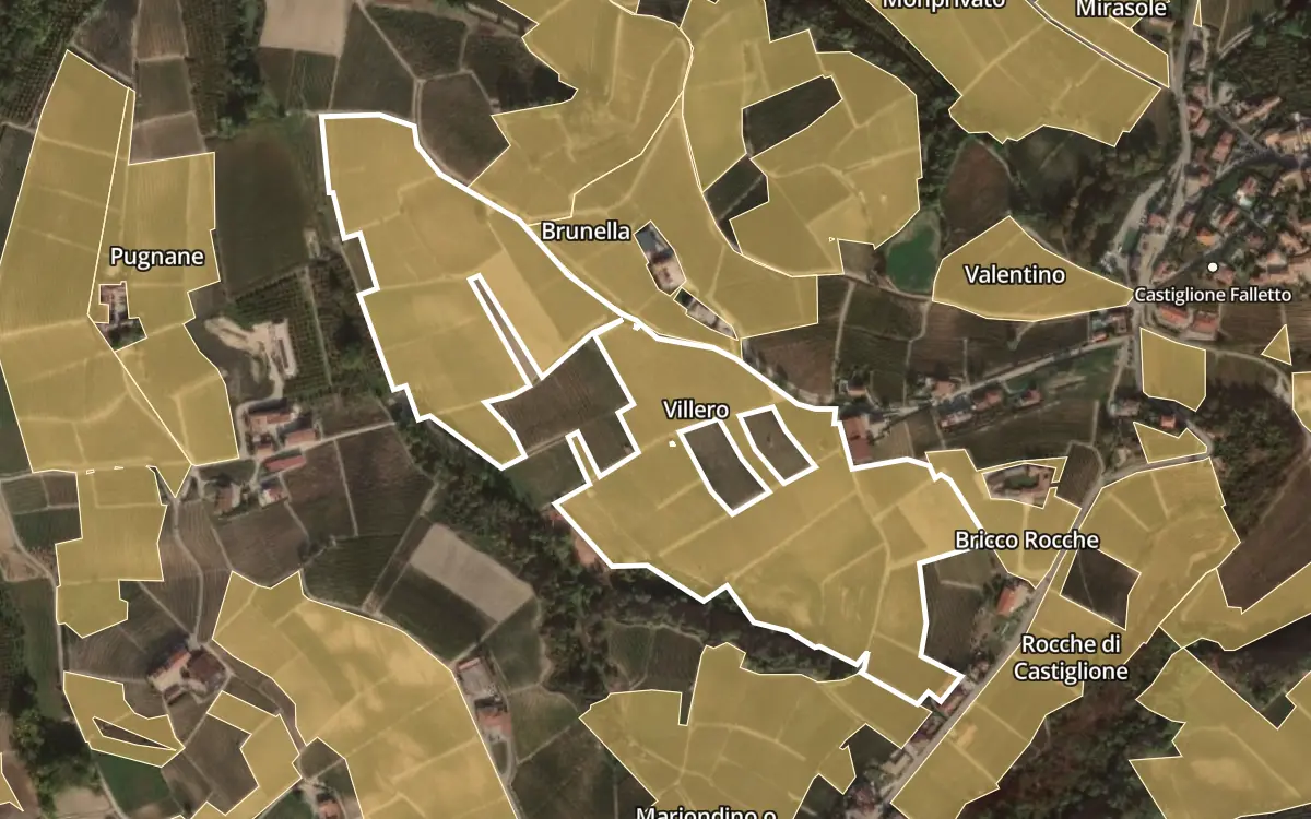 Map of Villero inside the Barolo DOCG production zone, on satellite imagery