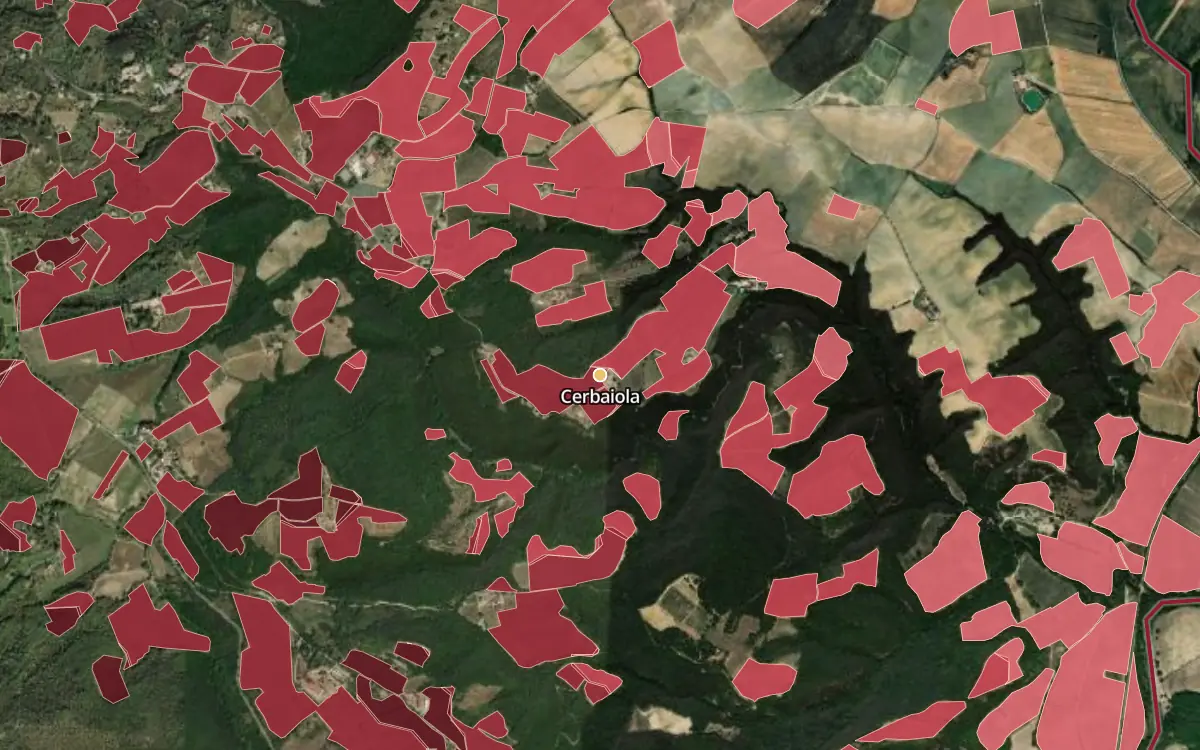 Map of Cerbaiola inside the Brunello di Montalcino DOCG production zone, on satellite imagery