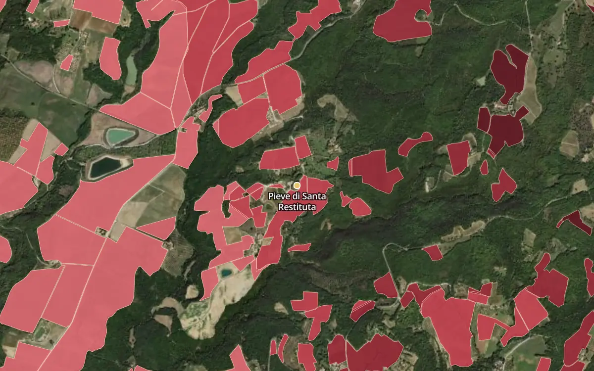Map of Pieve di Santa Restituta inside the Brunello di Montalcino DOCG production zone, on satellite imagery