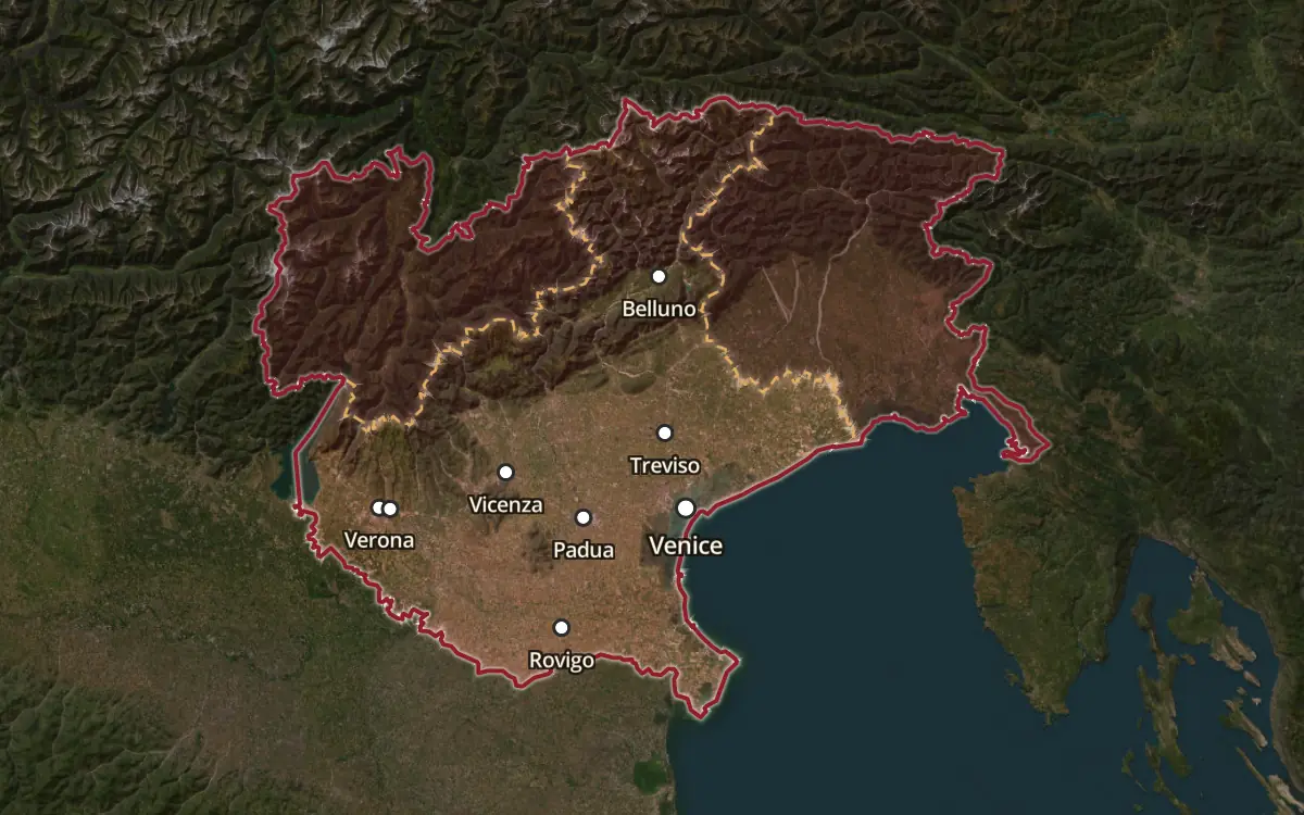 Map of the Delle Venezie DOC production zone on satellite imagery