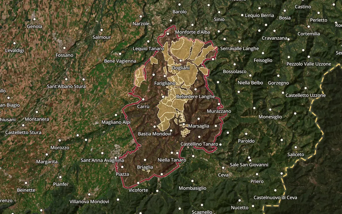 Map of the Dogliani DOCG production zone on satellite imagery