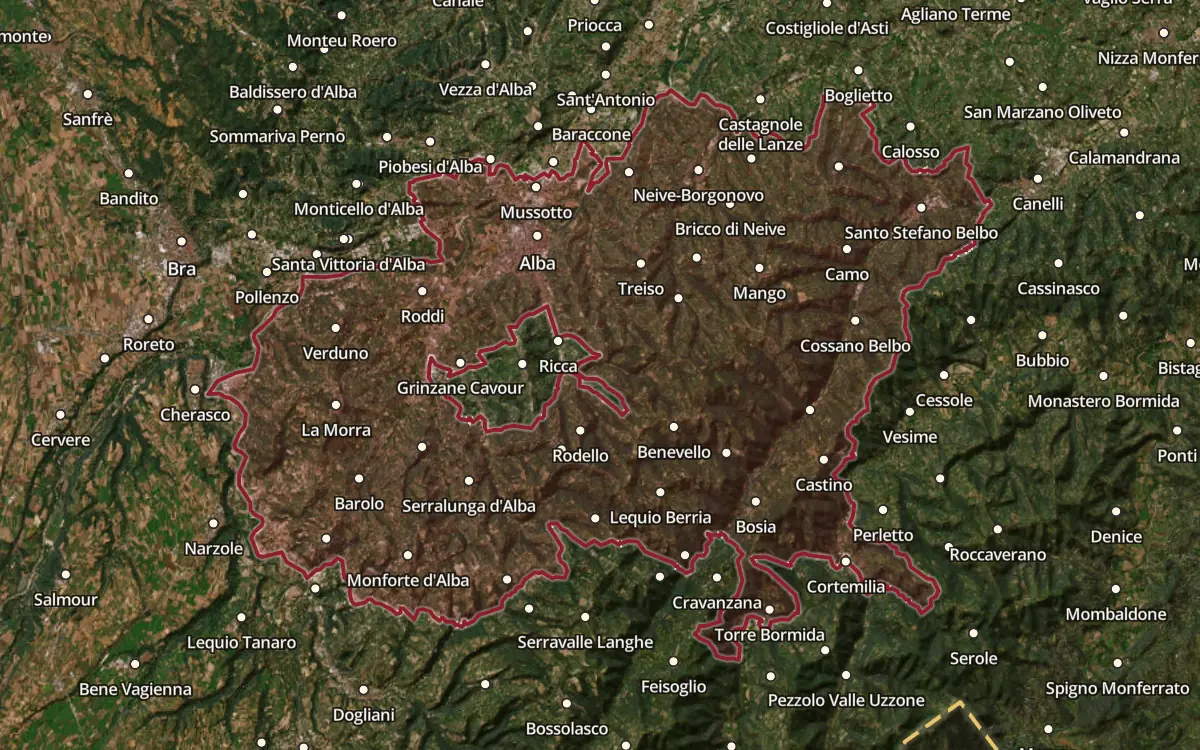 Map of the Dolcetto d'Alba DOC production zone on satellite imagery