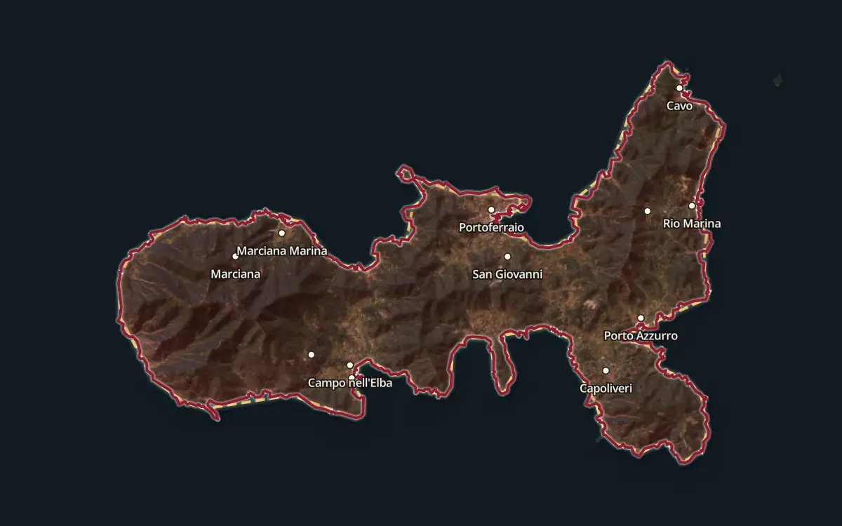 Map of the Elba DOC production zone on satellite imagery